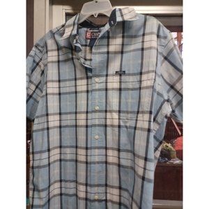 Mens Button Shirt  SS M Easy Care Chaps Blue Plaid